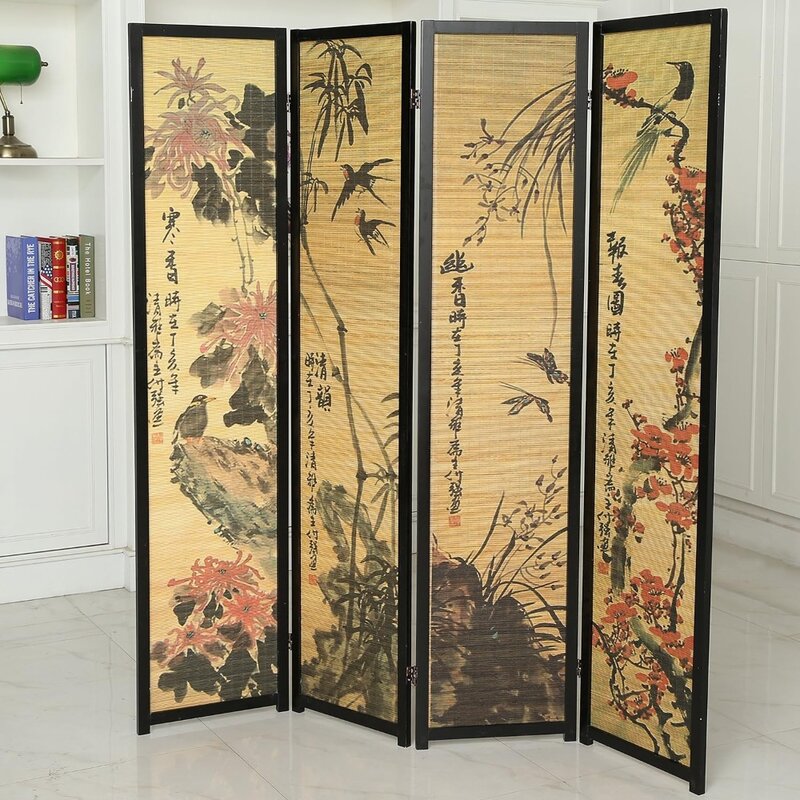 مقسم غرفة مزخرف قابل للطي مع تصميم الخط الصيني ، عمل فني قائم بذاته من الأزهار ، شاشة من الخيزران ، 4 ألواح