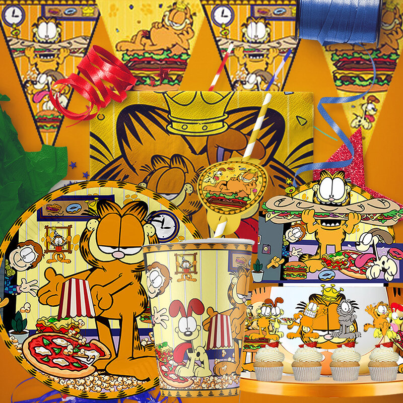 Disney-Garfield لوازم حفلات كرتونية موضوع ، أدوات طعام ، كوب ، طبق ، غطاء علوي ، ديكور للأطفال ، طفلة رضيعة ، عيد ميلاد ، استحمام طفل