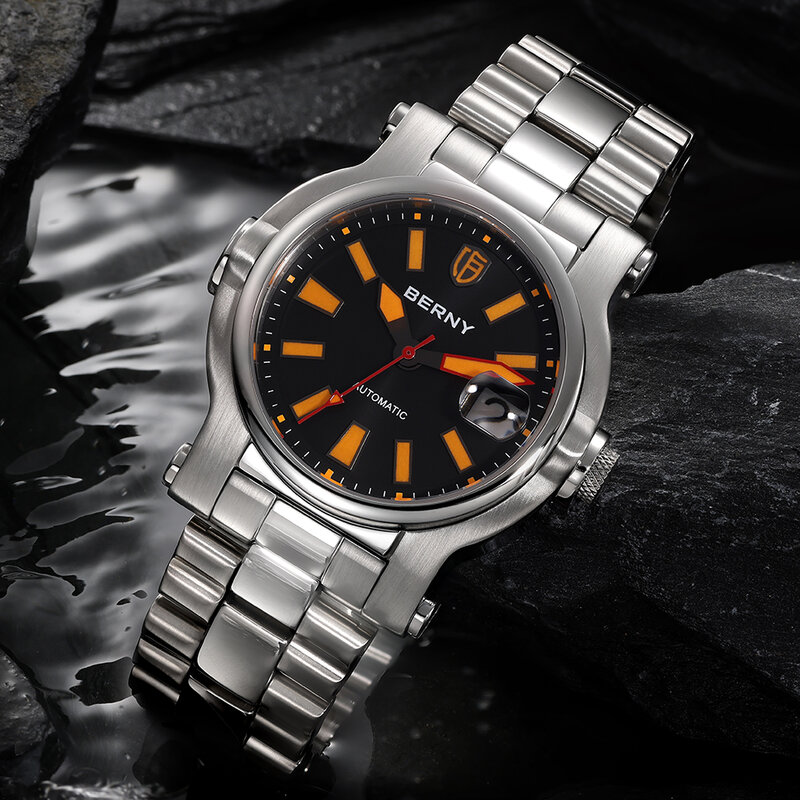 بيرني الرجال التلقائي ساعة غواص مقاوم للماء 10ATM Seiko NH35 مضيئة الياقوت الفولاذ المقاوم للصدأ الغوص الميكانيكية ساعة اليد الرياضة