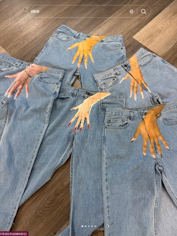 جينز يدوي من الجينز للرجال والنساء ، بنطلون واسع بخصر مرتفع ، تطريز رسومي مطبوع ، بنطلون نحيف Y2K ، ملابس الشارع