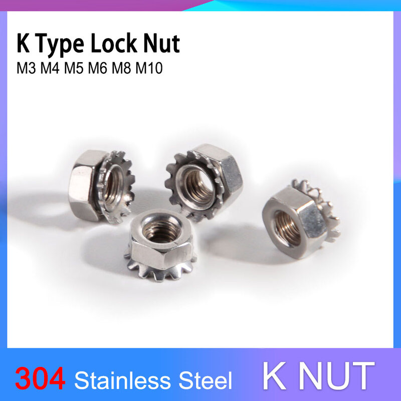 صامولة قفل من النوع K من الفولاذ المقاوم للصدأ ، مسننة ، سداسية ، مسننة ، M3 ، M4 ، M5 ، M6 ، M8 ، M10 ، +