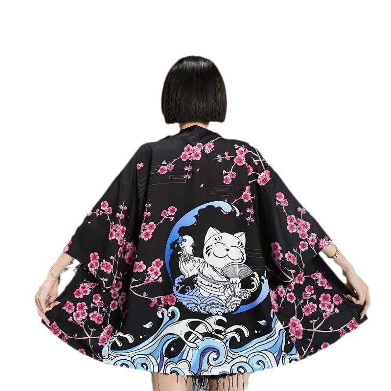 كيمونو ياباني مطبوع عليه قطة للرجال والنساء ، هاوري يوكاتا ، كيمونو ساموراي ، ملابس آسيوية تقليدية ، سترة هاراجاكو ، قميص تنكري