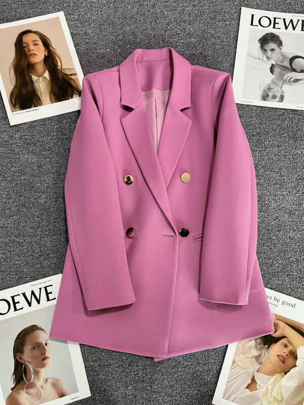 الأرجواني الوردي المعادن زر دعوى معطف جديد النمط البريطاني تصميم الشعور مزدوجة الصدر دعوى في الربيع والخريف السترة النساء