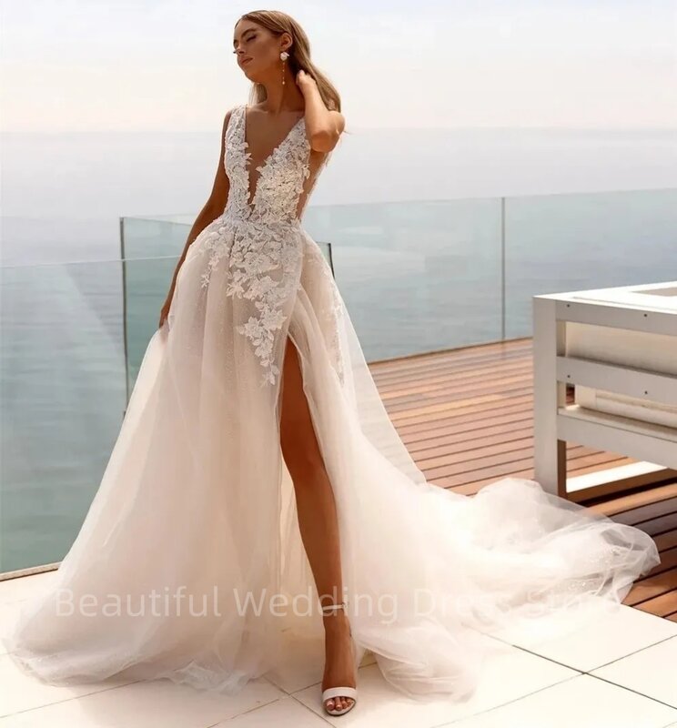 فستان زفاف مثير برقبة على شكل حرف V مزين بالدانتيل ، فتحة جانبية عارية الذراعين ، فستان زفاف بخط ، رداء بوهو ، مصنوع خصيصًا