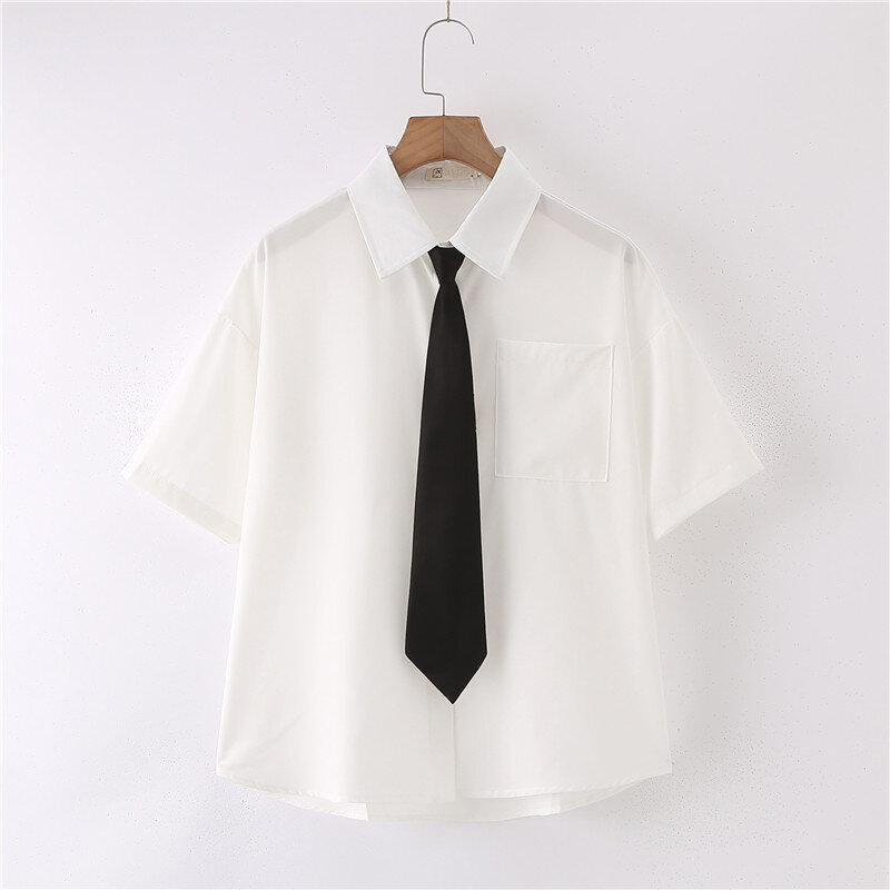 بلوزات بيضاء للسيدات 2023 بلوزات قصيرة الأكمام بيضاء قميص صيفي طية صدر السترة الصلبة JK قمصان كورية غير رسمية للنساء Blusas Preppy Style