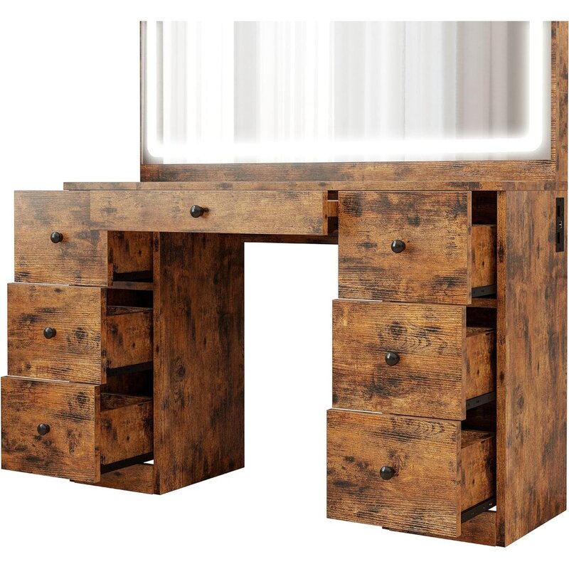 مجموعة مكتب زينة بإضاءة ليد كبيرة ، منفذ طاقة ، خزانة أدراج خشبية لغرفة النوم ، درج طاولة مكياج لتصفيف الشعر
