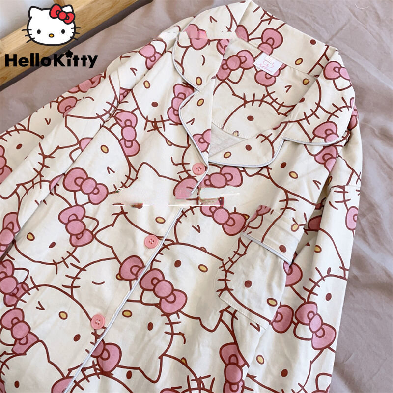طقم بيجامة Sanrio Hello Kitty Melody للنساء ، ملابس منزلية جميلة ، طراز كوري ، كبير الحجم ، ملابس طلاب لطيفة ، موضة ، جديد ، ربيع ، خريف