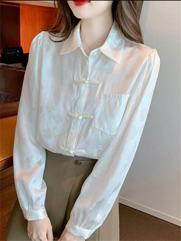 بلوزات صينية للنساء ، قمصان وطنية ، قميص نسائي فضفاض ، قمم بيضاء ، إبزيم قديم ، جيب لابل ، سترة صوفية