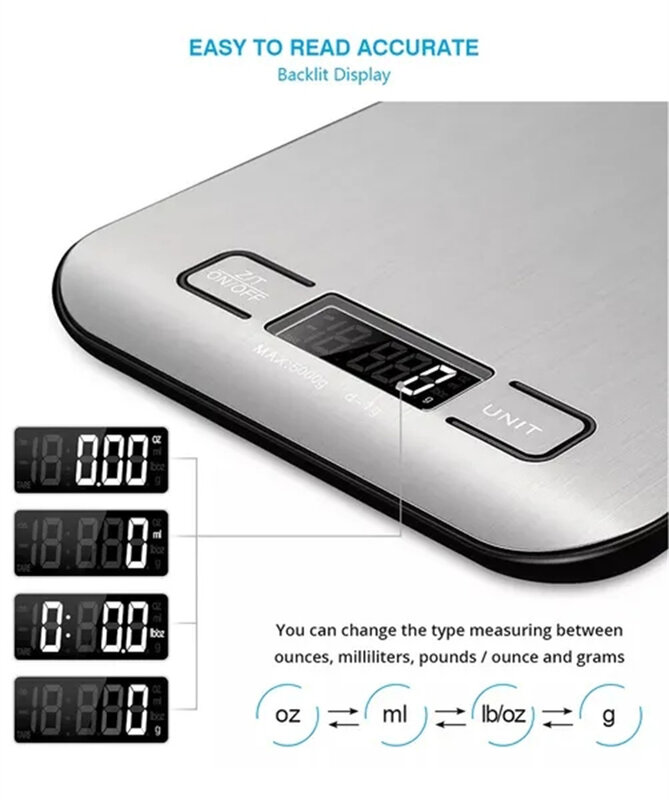 مقياس المطبخ الرقمي 5 كجم/10 كجم لوحة الفولاذ المقاوم للصدأ USB Charg منصة صغيرة دقيقة مقياس المحمولة متعددة الوظائف شاشة LCD