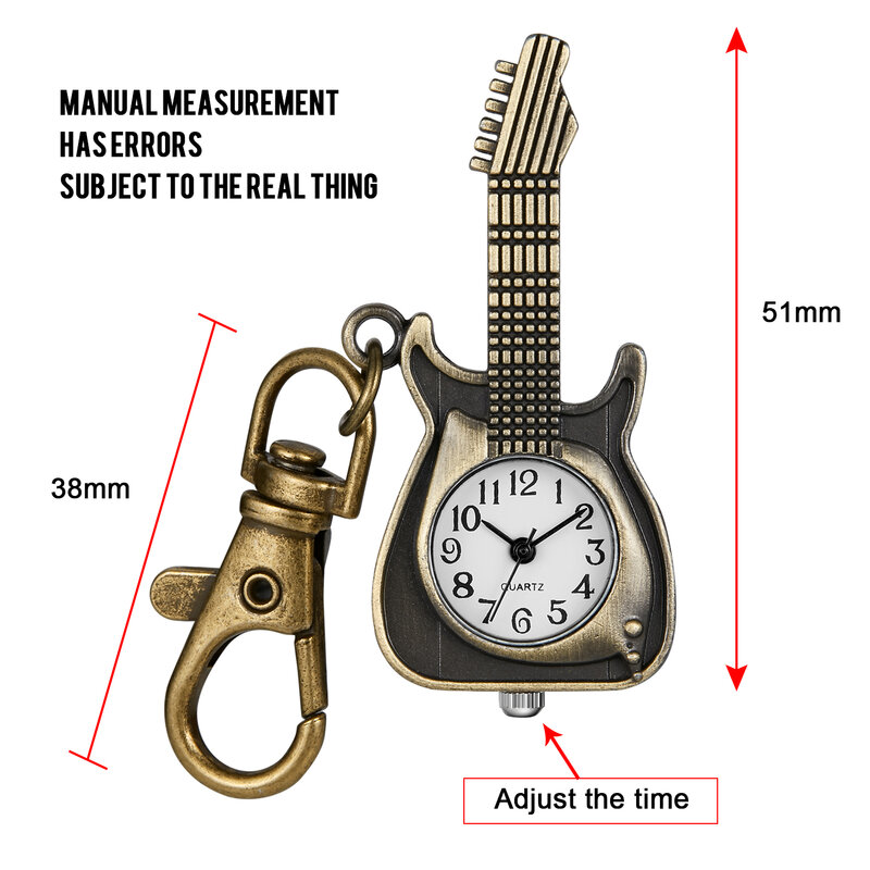الغيتار تصميم صغير ولطيف ساعة كوارتز رائعة الرجعية سلسلة المفاتيح ساعة جيب هدية للأطفال الفتيات