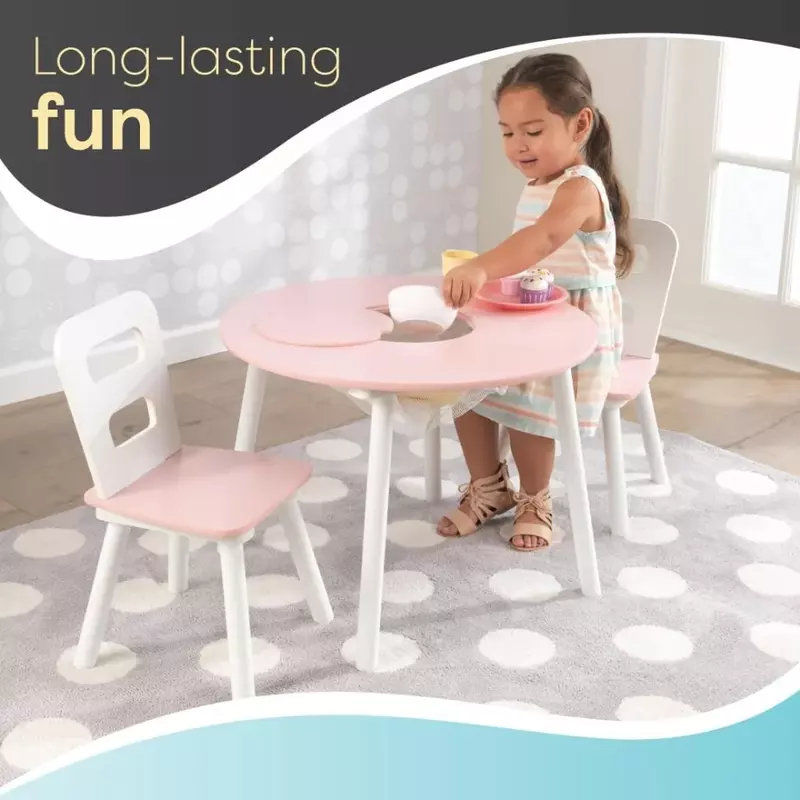 طقم طاولة مستديرة وكراسي خشبية للأطفال ، تخزين شبكي مركزي ، وردي وأبيض ، كرسيان