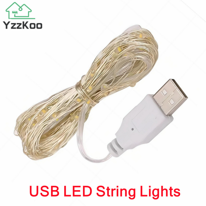 سلسلة أضواء LED من YzzKoo-USB لتزيين عيد الميلاد ، سلك فضي نحاسي ، ضوء إكليل ، ضوء خرافي مقاوم للماء ، حفل زفاف
