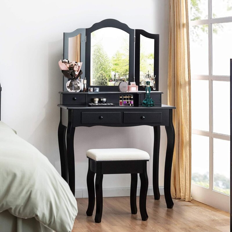 مجموعة منضدة زينة مع مرآة ثلاثية قابلة للطي ، منضدة زينة ، 4 أدراج ، غرفة نوم وحمام حديث