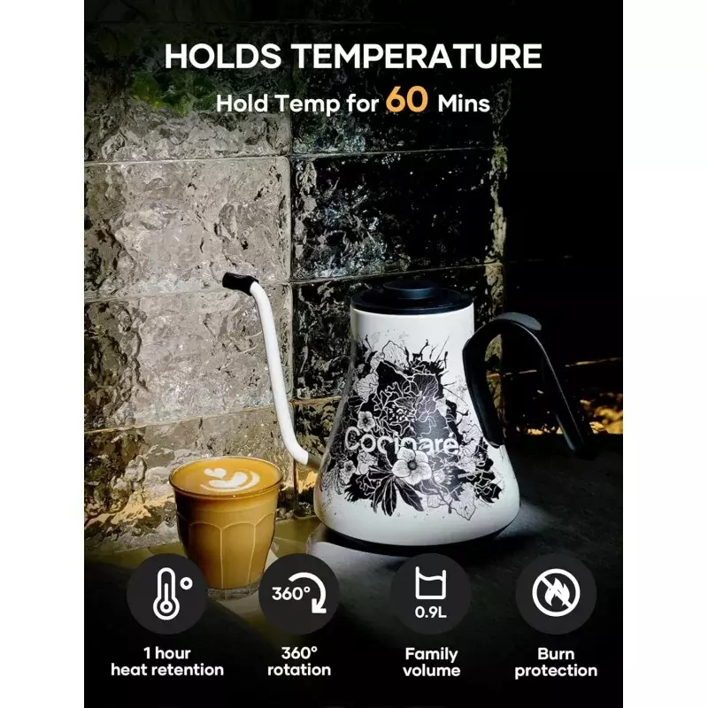 غلاية Cocinare-goseneck مع تحكم في درجة الحرارة ، صب القهوة والشاي ، من من من من من من نوع gult ، من نوع كهربائي W ، 180 ثانية ، وقت الغليان السريع