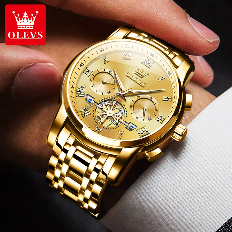 ساعة يد OLEVS-ساعات كوارتز فاخرة للرجال على شكل قمر ، علامة تجارية ، فولاذ مقاوم للصدأ ، مقاوم للماء ، مضيء ، موضة ، كرونوغراف ، ساعات يد
