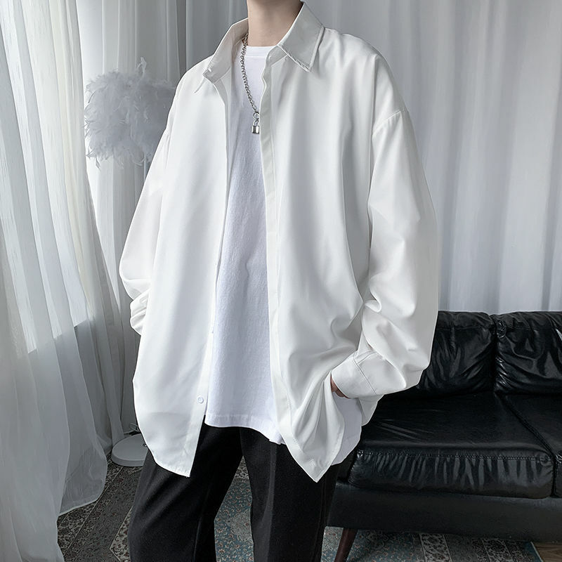 تريند الجليد الحرير ترهل الإحساس واقية من الشمس رجل زر قميص كم طويل ابيض الشارع الشهير موضة هونغ كونغ نمط معطف علوي 2022