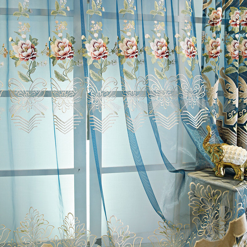الشنيل الستائر لغرفة المعيشة غرفة نوم الراقية النمط الأوروبي الشاش المطرزة شفافة الستارة نافذة الأزرق تول