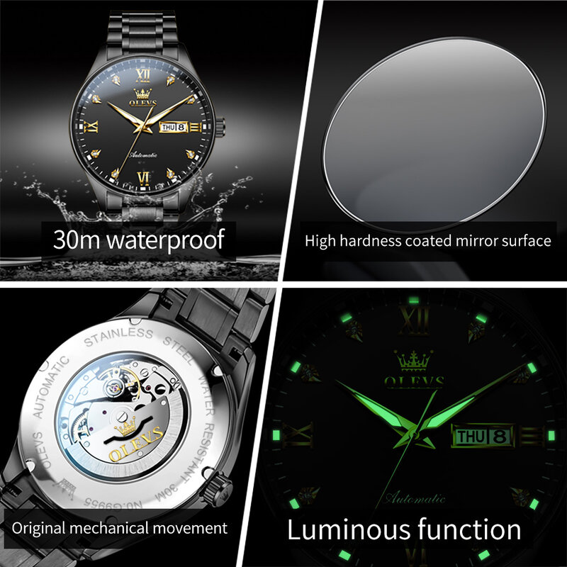 ساعة ميكانيكية ماسية فاخرة للرجال من OLEVS ، علامة تجارية مشهورة ، فولاذ مقاوم للصدأ ، مقاومة للماء ، مضيئة ، تاريخ ، موضة ، ساعة يد