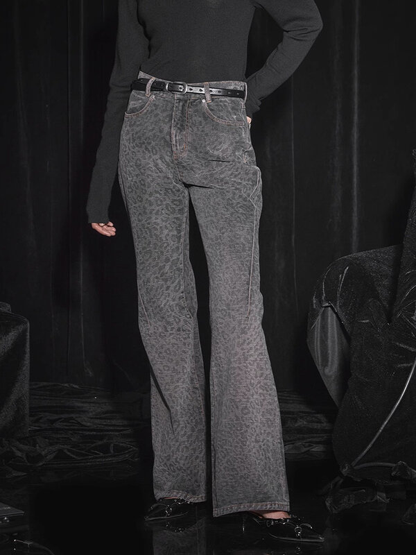 سروال جينز واسع الساق واسع خصر عالي للنساء ، جينز مستقيم عتيق ، ملابس الشارع غير الرسمية ، طباعة ليوبارد ، الموضة ، Y2K ،