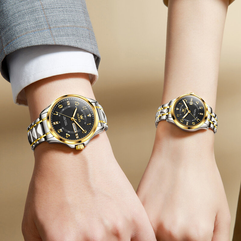 ساعة يد كوارتز كلاسيكية مقاومة للماء من OLEVS للرجال والنساء ، ساعة حبيب ، ذهبية ، أصلية ، فاخرة ، علامة تجارية ، يوم ، تاريخ ، زوج
