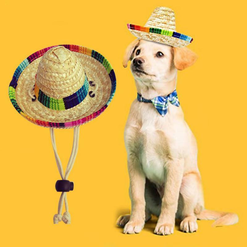 قبعة القش المكسيكي للحيوانات الأليفة ، قبعة صغيرة من القش للقطط الصغيرة والكلاب ، قبعات الحفلات المكسيكي