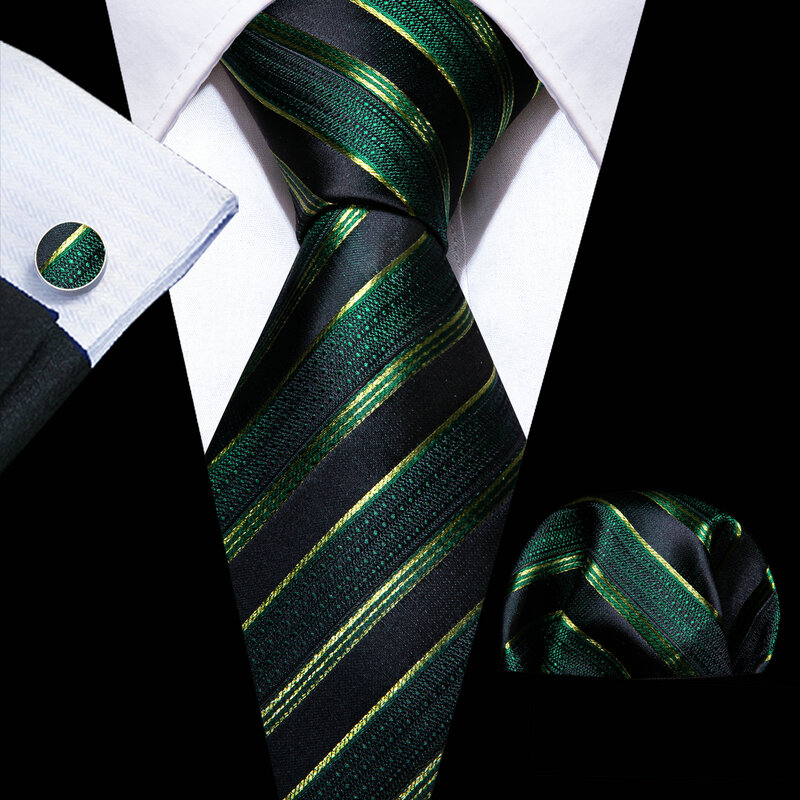 الفاخرة الحرير الرجال التعادل مجموعة الأخضر الأسود مخطط ربطة العنق جيب ساحة أزرار أكمام الزفاف Busienss هدية شحن مجاني باري. وانغ 6211
