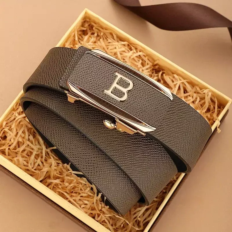 حزام مشبك أوتوماتيكي بحروف B للرجال ، حزام قهوة ، جلد طبيعي ، جودة عالية ، مصمم ، موضة غير رسمية ، HGVB