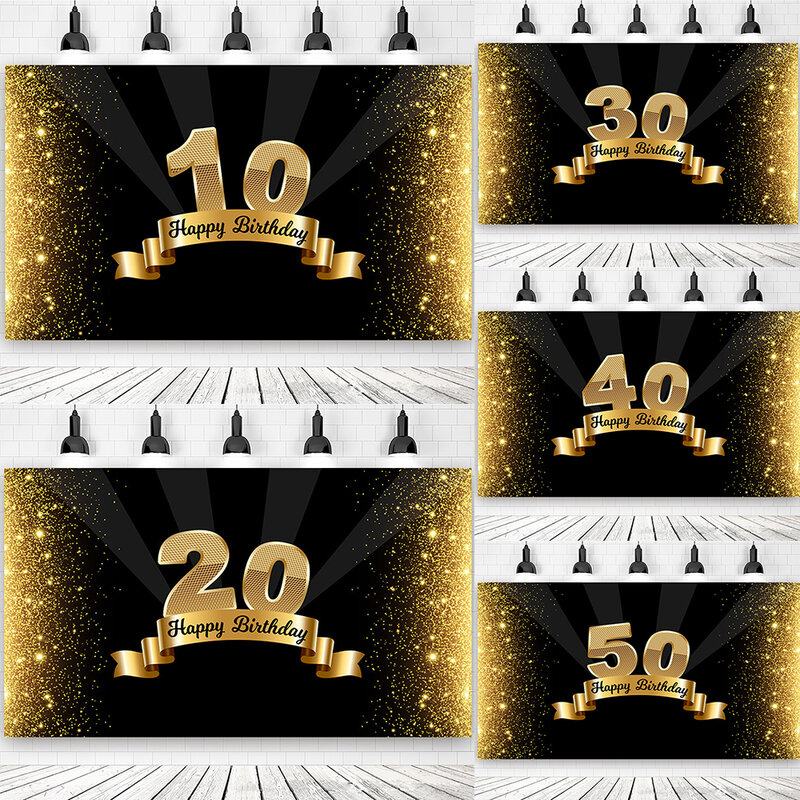 خلفية حفلة عيد ميلاد للبالغين ، حفلة عيد ميلاد 60 ، لافتة بعمر 10-90 سنة ، تصوير شامبانيا باللون الأسود والذهبي ، زخرفة الصور