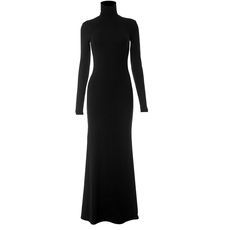 فستان ماكسي نسائي بأكمام طويلة ، فساتين أميرة للبنات ، أحادي اللون ، ملاصق للجسم ضيق ، ملفوف للورك ، أسود