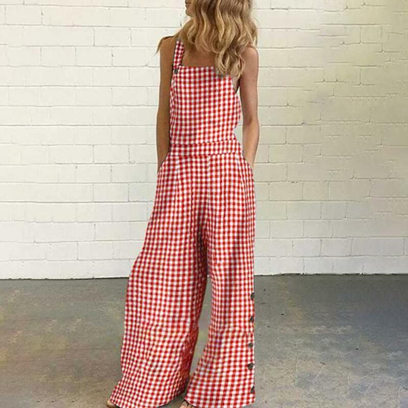 Vintage Checked Plaid Suspenders Playsuits Women Jumpsuits 2022 Summer Wide Leg Full Length Sexy Sleeveless Long Romper Overalls