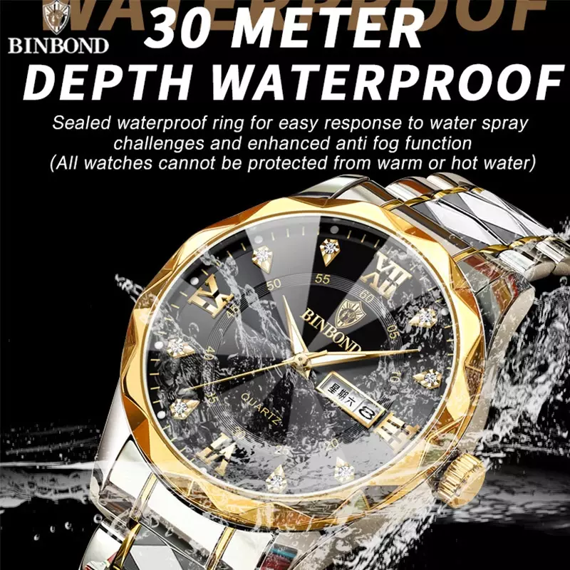 BINBOND-ساعة كوارتز مقاومة للماء للرجال ، ساعة يد للعمل ، ساعة أسبوع وتاريخ ، أزياء فاخرة ، رياضة ، B2521