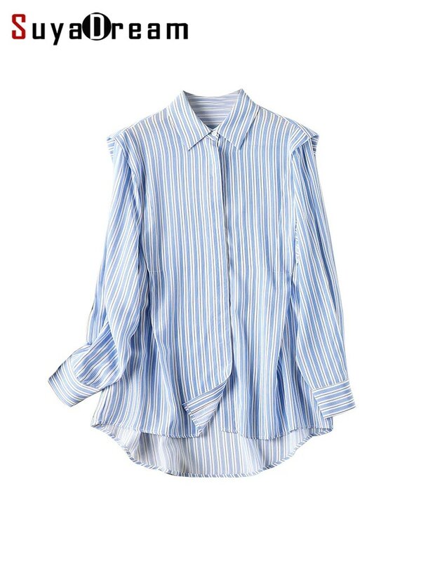 قمصان نسائية مخططة من SuyaDream موضة 100% من الحرير الخالص بأكمام طويلة وبلوزات مكشكشة لربيع وشتاء 2022 ملابس أنيقة باللون الأزرق