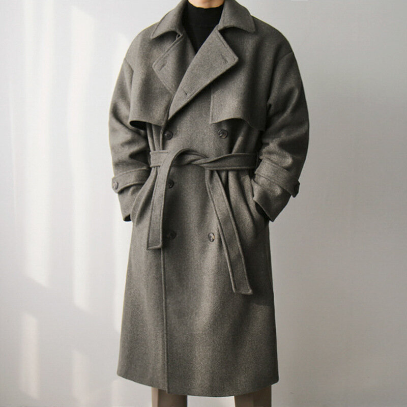 معطف من الصوف الرجال الشتاء معطف طويل من الصوف السميك النسخة الكورية من اتجاه سترة واقية فضفاضة عالية الجودة