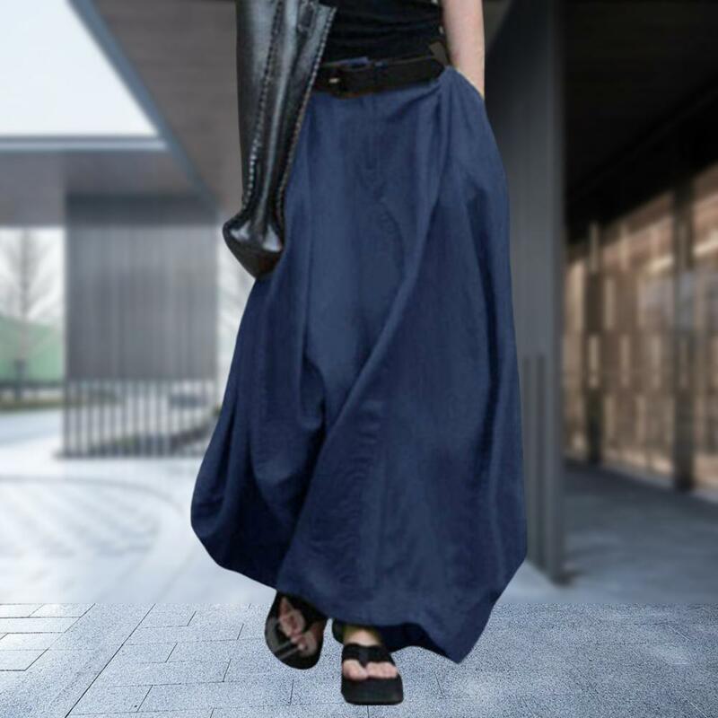تنورة طويلة غير رسمية للنساء ، خصر مرن ، تصميم على شكل حرف A-line ، أحادية اللون ، حافة متأرجحة كبيرة ، ملابس الشارع الطويلة