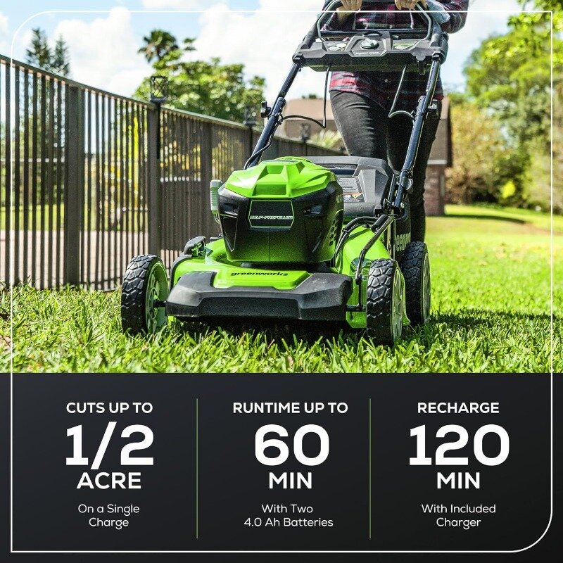 Greenworks-جزازة العشب اللاسلكية بدون فرش ، 40 فولت ، 21 "، نقطة ذكية ، 75 + أدوات متوافقة ، 2 بطاريات 4.0 أمبير وشاحن مرفقة