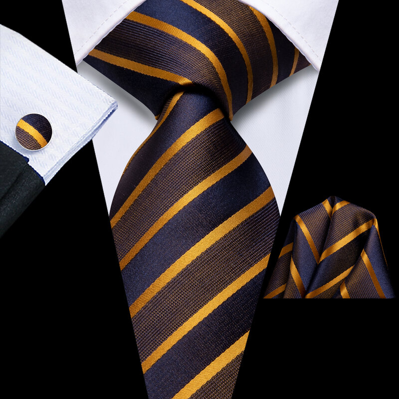ربطة عنق أنيقة مخططة باللون الأسود والذهبي للرجال ، علامة تجارية للأزياء ، ربطة عنق لحفلات الزفاف ، أزرار أكمام يدوية ، أعمال البيع بالجملة