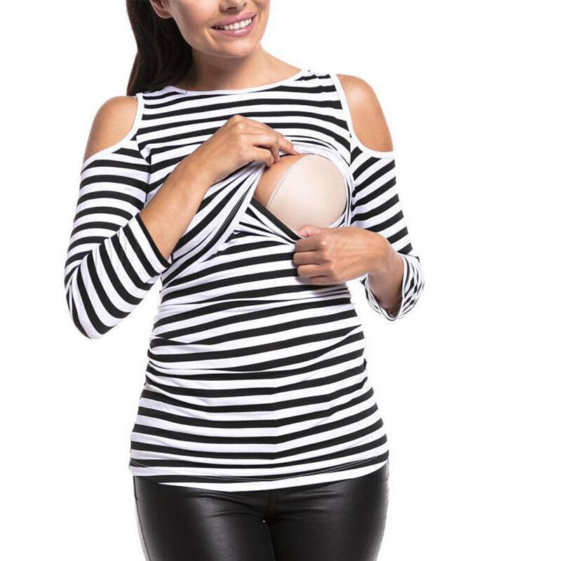 Women's Maternity Dress Stripe Fashion Off Shoulder Long Sleeve Breastfeeding Pregnancy Nursing T-shirtPregnant Clothes