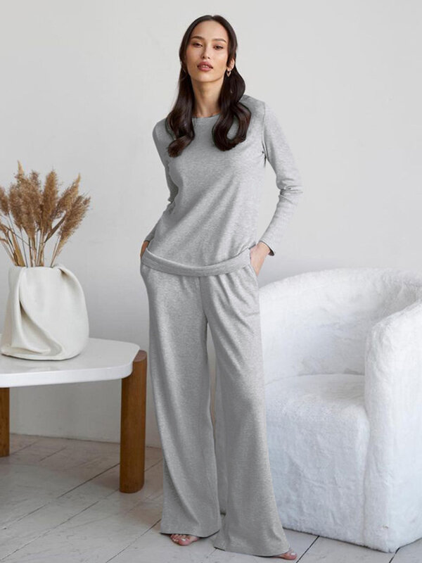 Marthaqiqi-2-Piece س الرقبة ملابس خاصة الدعاوى للنساء ، طويلة الأكمام قمصان النوم ، واسعة الساق السراويل ، ملابس النوم غير رسمية ، ملابس المنزل ، الخريف