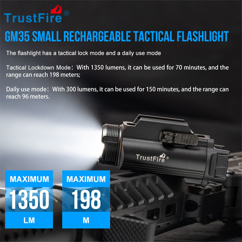 مصباح LED تكتيكي من الثقة موديل GM35 ، مسدس صغير بأضواء 1350 لومن USB قابل لإعادة الشحن ، مسدس سريع الإصدار 1913/GL للسكك الحديدية