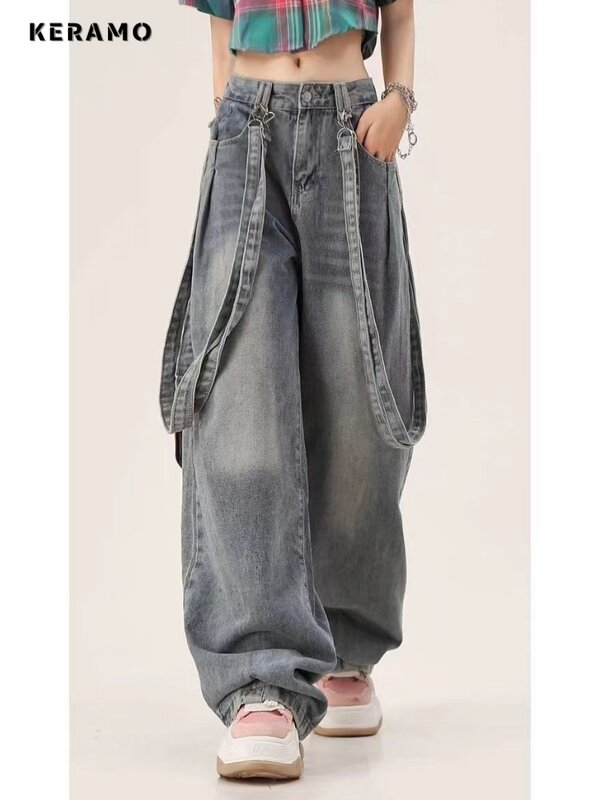 بنطلون جينز واسع الساق للنساء ، بنطلون تصميم غير رسمي مربوط ، شارع مرتفع ، جينز مستقيم عتيق ، موضة نسائية ، خمر ، Y2K ، s