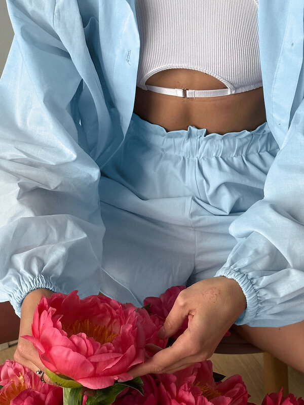 طقم بيجامات من القطن Marthaqiqi للنساء ، ملابس نوم بأكمام طويلة ، قمصان نوم بياقة مطوية لأسفل ، شورت ، ملابس نوم زرقاء غير رسمية ، بدلة نسائية