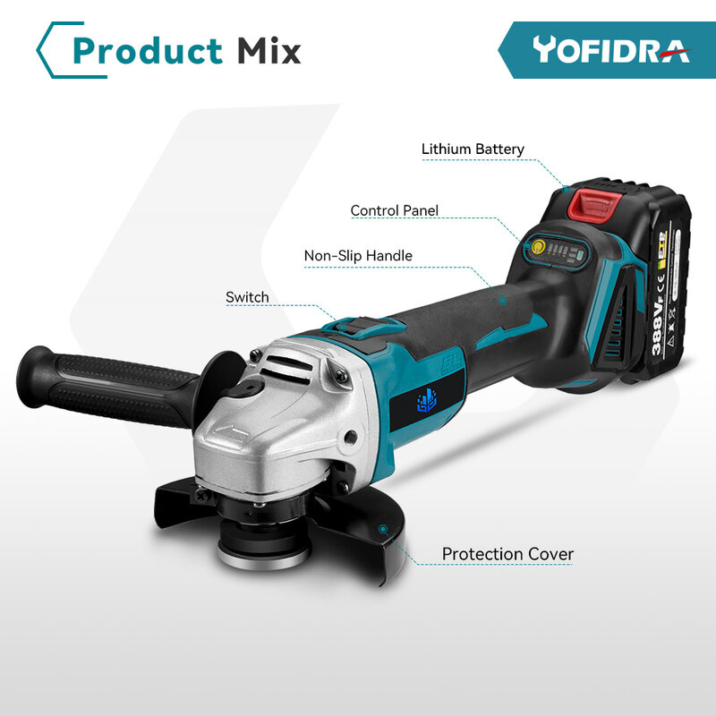 Yofidra-مطحنة بزاوية بدون فرش ، 4 تروس ، آلة طحن لاسلكية ، قطع ، أداة كهربائية لأعمال النجارة ، بطارية ماكيتا 18 فولت ،