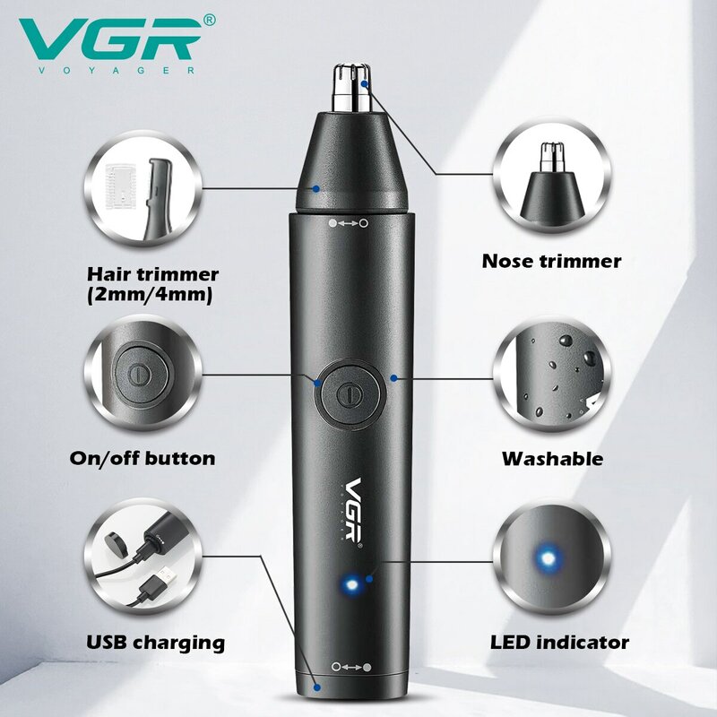 آلة حلاقة شعر الأنف VGR آلة حلاقة صغيرة احترافية لتشذيب الأنف الكهربائية 2 في 1 قابلة لإعادة الشحن ضد الماء