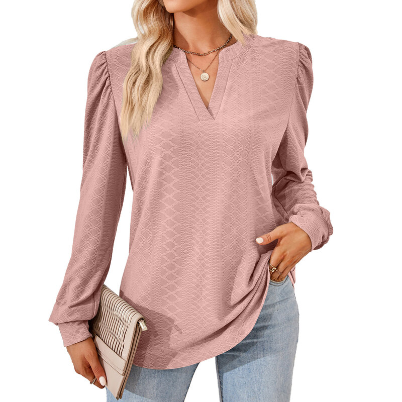 المرأة V-Neck الجاكار بأكمام طويلة فضفاضة تي شيرت أعلى ، أحادية اللون ، جديدة ، الخريف والشتاء