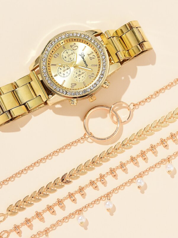 ساعة كوارتز مستديرة ذهبية للنساء ، 3 عيون ، حزام سبيكة ، مجموعة مجوهرات حجر الراين ، هدية ، 5 قطعة