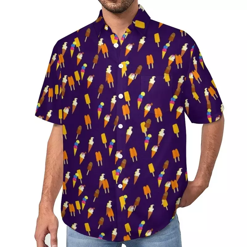 قميص هاواي للرجال للصيف بطباعة آيس كريم ، بلوزة بطية صدر للرجال للشاطئ رائعة وغير رسمية ، قميص مطبوع بنمط كرتوني