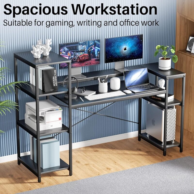 مكتب كمبيوتر مع أرفف تخزين ، مكتب ، طاولة كتابة للدراسة ، محطة عمل مع حامل طابعة ، صناعي كبير ، 63 بوصة