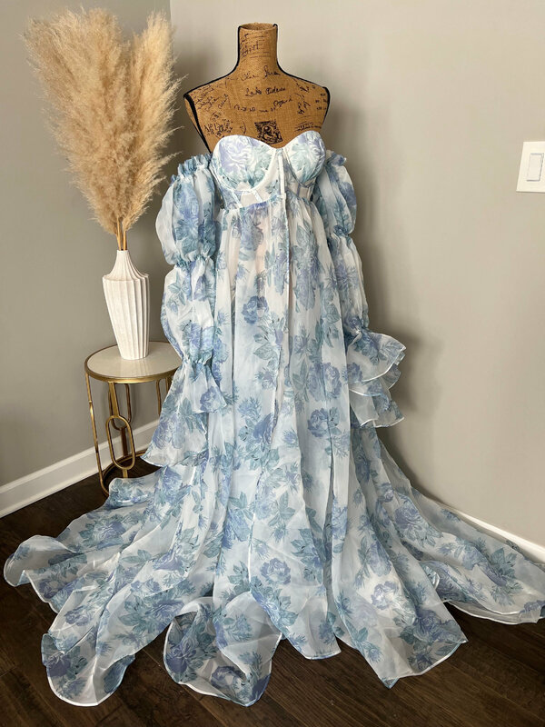 فستان أمومة مع زهرة زرقاء مطبوعة للصور ، رداء الحمل ، ثوب الأورجانزا رقيق ، الزي لطيف ، استحمام الطفل ، #18507