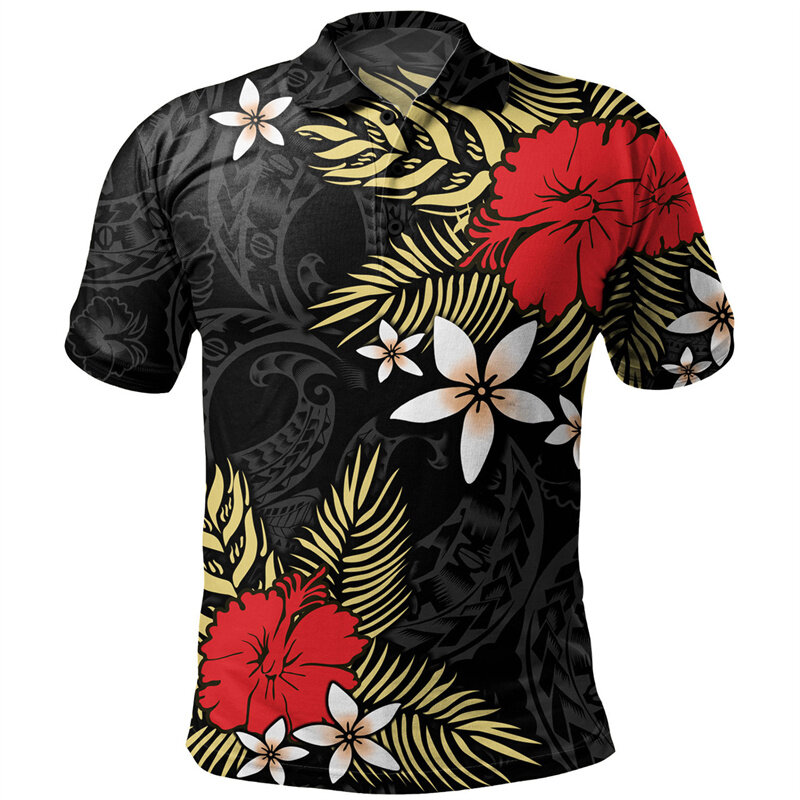 قميص بولو بنمط بولينيزي للرجال ، طباعة ثلاثية الأبعاد ، الكركديه ، زهور بلوميريا ، أكمام قصيرة ، قمصان هاواي بأزرار فضفاضة