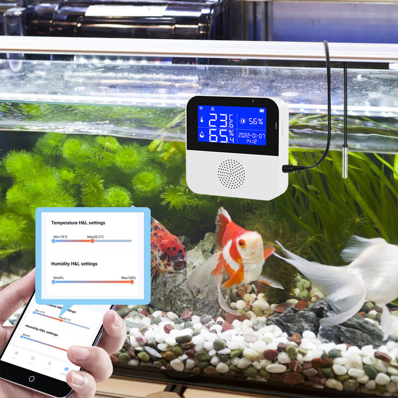 شاشة LCD Tuya واي فاي استشعار درجة الحرارة الرطوبة للمنزل الذكي أو نمو النبات عالية الدقة مع خط درجة حرارة الماء